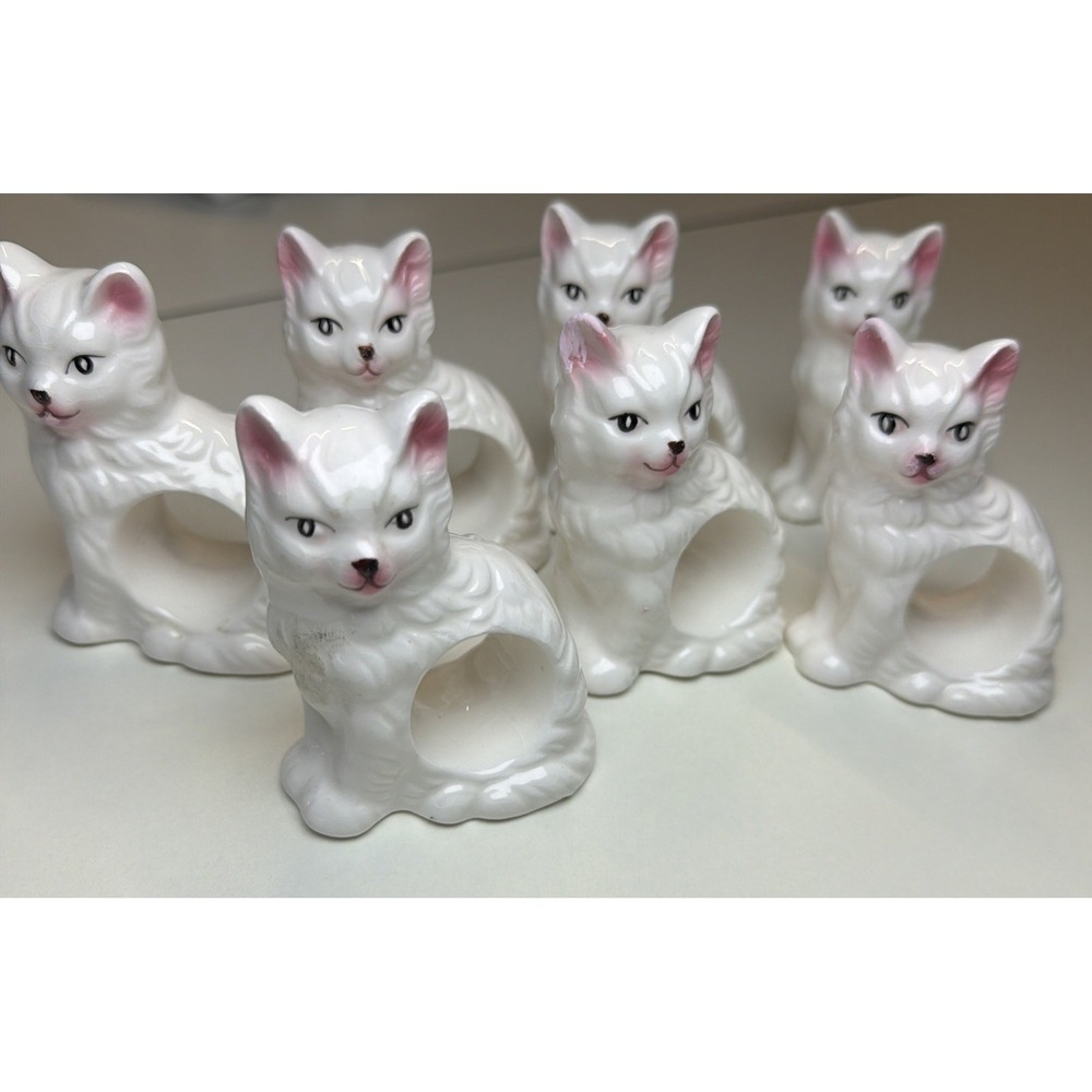 Abbott Kitten/Cat/Kitty Napkin Rings Set Of 7 Vintage 80's Porcelain, Ceramic